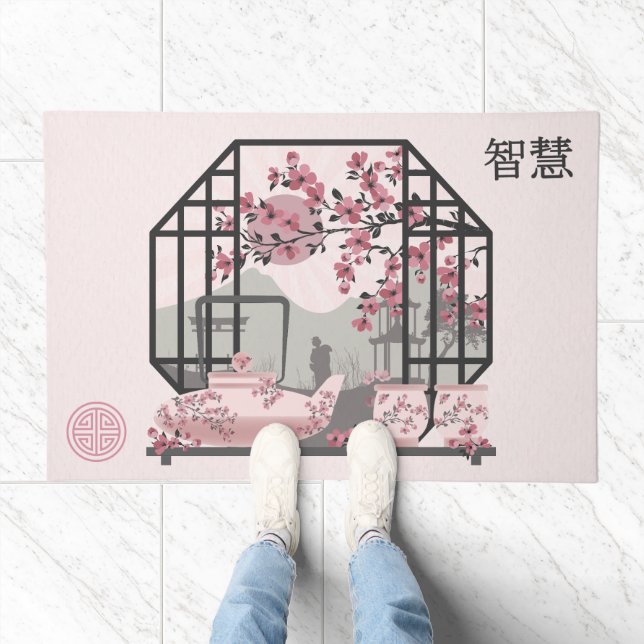 Pink cherry blossom bonsai Asian graphic design Doormat (Indoor)