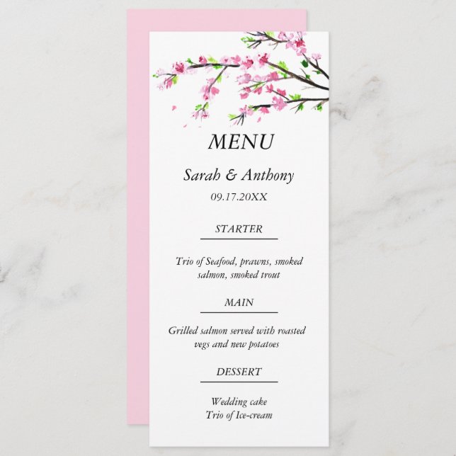 Pink Cherry Blossom Botanical Floral Wedding Food  Menu (Front/Back)