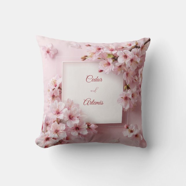 Pink Cherry Blossom Branch and Floating Petal Throw Pillow (Front)
