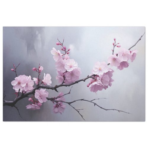Pink Cherry Blossom Branch Misty Silver Sky Tissue Paper