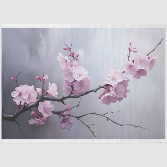 Pink Cherry Blossom Branch Misty Silver Sky Tissue Paper (Front)
