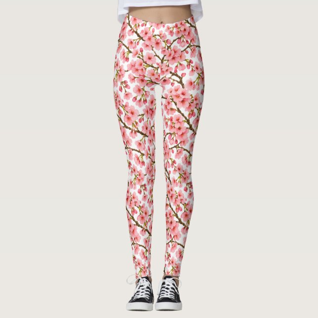 Pink Cherry Blossom Branch Pattern Leggings (Front)