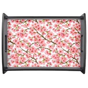 Pink Cherry Blossom Branch Pattern Serving Tray
