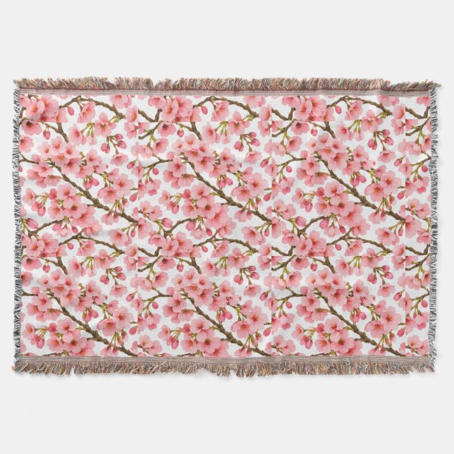 Pink Cherry Blossom Branch Pattern Throw Blanket (Front)