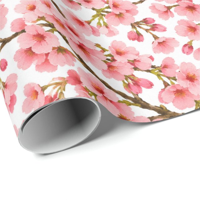Pink Cherry Blossom Branch Pattern Wrapping Paper (Roll Corner)