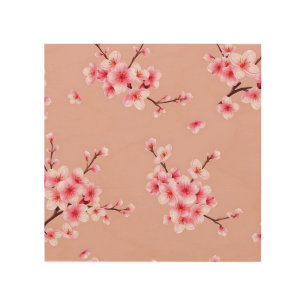 Pink Cherry Blossom Branches Pattern Wood Wall Art
