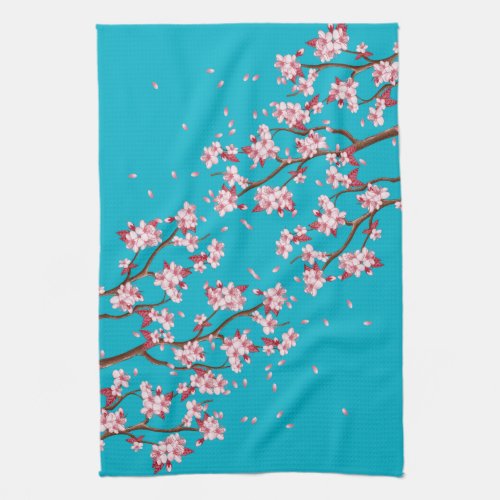 Pink Cherry Blossom Branches  Sky Blue Towel