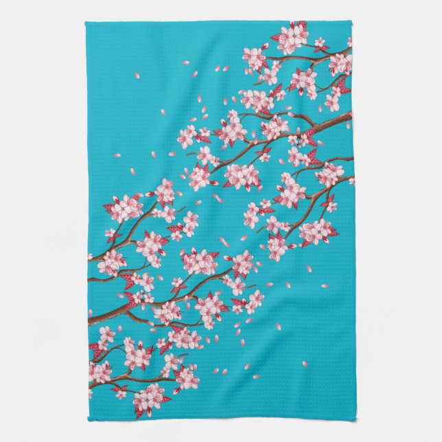 Pink Cherry Blossom Branches & Sky Blue Towel (Vertical)