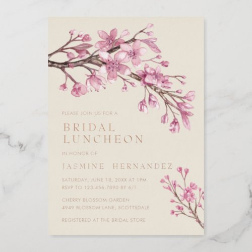 Pink Cherry Blossom Bridal Luncheon Rose Gold Foil Invitation