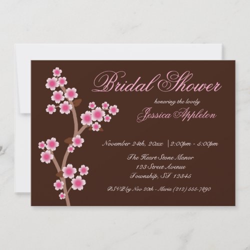 Pink Cherry Blossom Brown Bridal Shower Custom Announcement