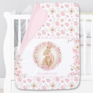 Pink Cherry Blossom Bunny Personalized Name Baby Blanket