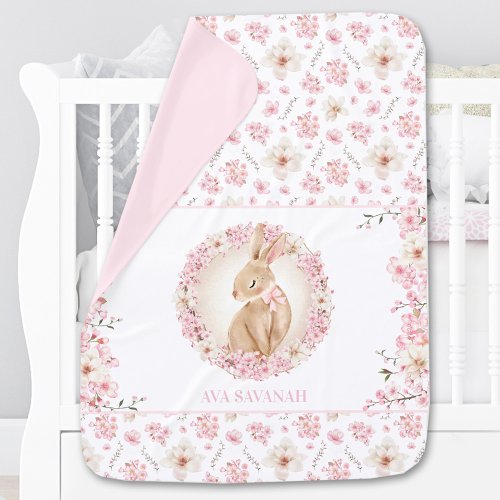 Pink Cherry Blossom Bunny Personalized Name Baby Blanket