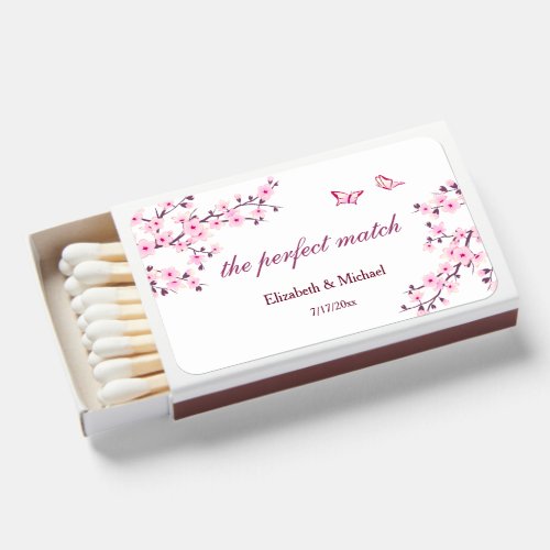 Pink Cherry Blossom Butterflies Custom Wedding Matchboxes