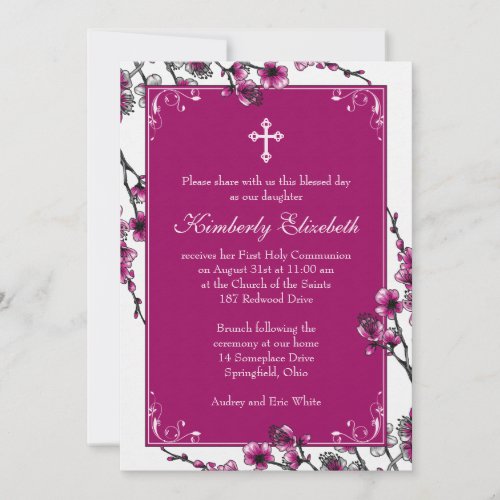 Pink Cherry Blossom First Communion Invitation