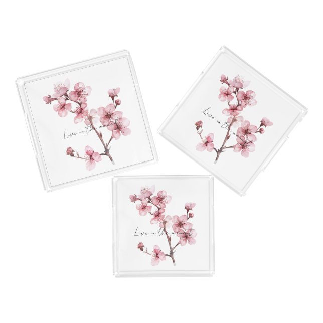 Pink Cherry Blossom Floral  Acrylic Tray (Set)