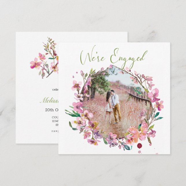 Pink Cherry Blossom Floral Add Photo Engagement (Front/Back)