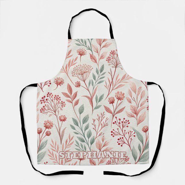 Pink Cherry Blossom, Floral and Leaves Pattern Apron (Front)