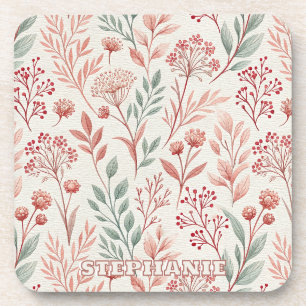 Pink Cherry Blossom, Floral and Leaves Pattern Beverage Coaster