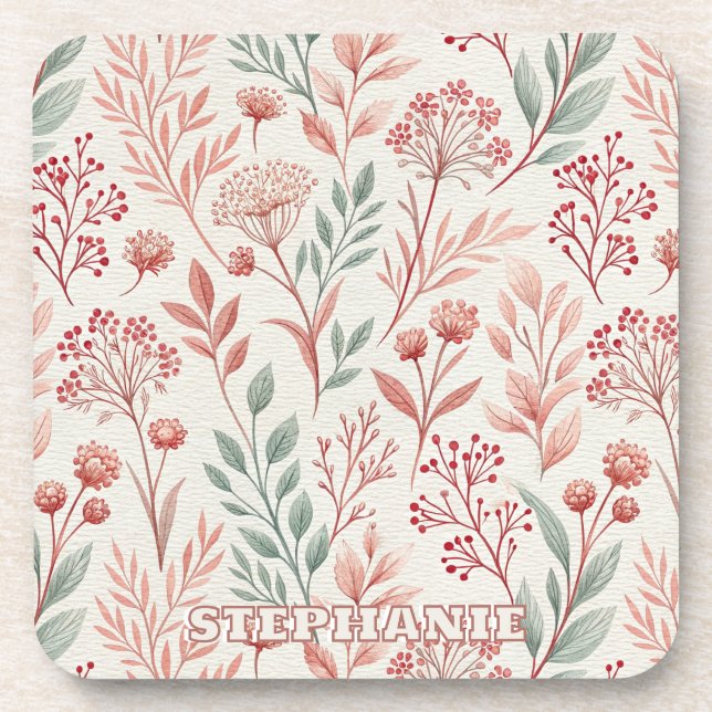 Pink Cherry Blossom, Floral and Leaves Pattern Beverage Coaster (Front)