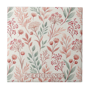 Pink Cherry Blossom, Floral and Leaves Pattern Ceramic Tile