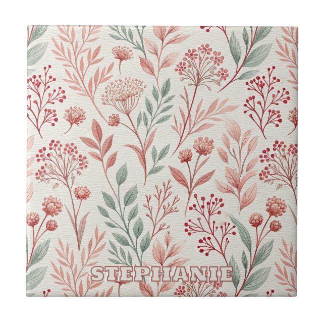 Pink Cherry Blossom, Floral and Leaves Pattern Ceramic Tile (Front)