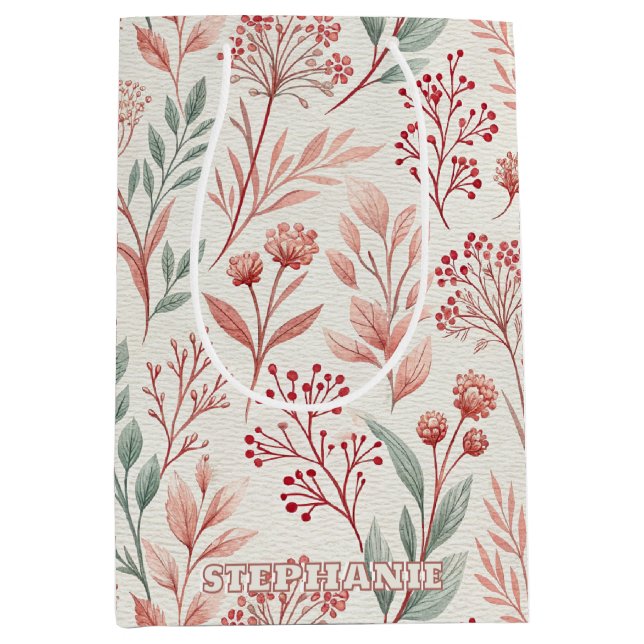 Pink Cherry Blossom, Floral and Leaves Pattern Medium Gift Bag (Front)