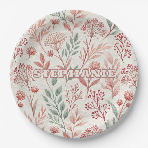 Pink Cherry Blossom, Floral and Leaves Pattern Paper Plates