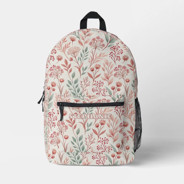 Pink Cherry Blossom, Floral and Leaves Pattern Printed Backpack (Front)