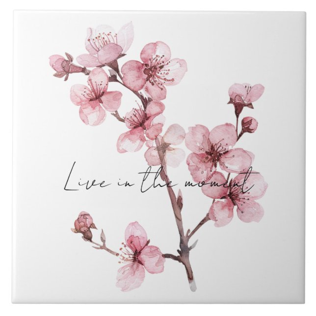 Pink Cherry Blossom Floral  Ceramic Tile (Front)