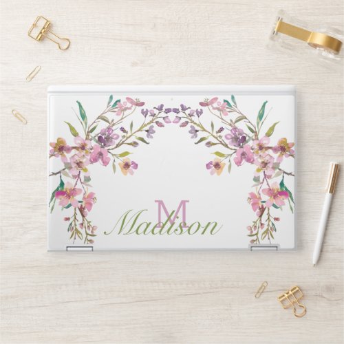 Pink Cherry Blossom Floral Cute Initial Name HP Laptop Skin