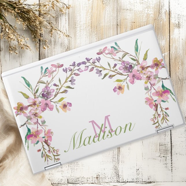 Pink Cherry Blossom Floral Cute Initial Name HP Laptop Skin (Creator Uploaded)