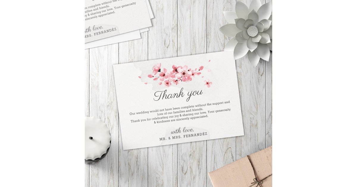 Pink cherry blossom floral elegant chic wedding thank you card | Zazzle