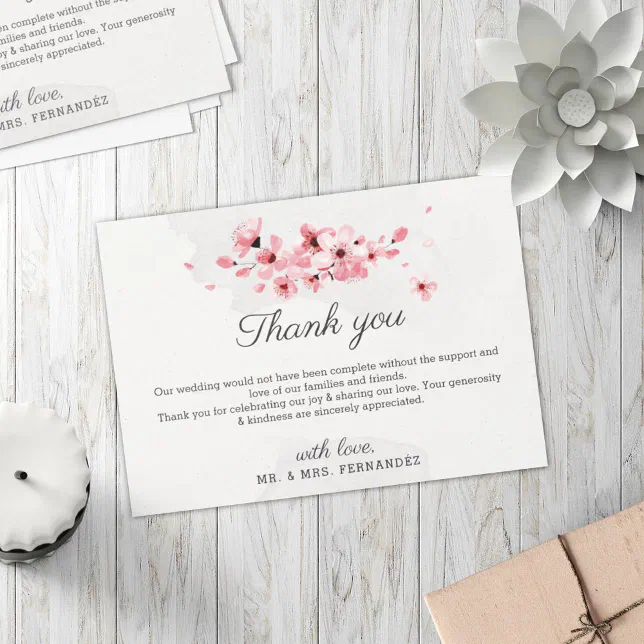 Pink cherry blossom floral elegant chic wedding thank you card | Zazzle
