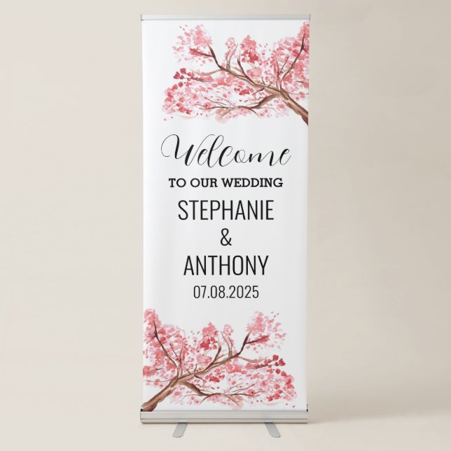 Pink Cherry Blossom Floral Elegant Wedding Retractable Banner (Front)