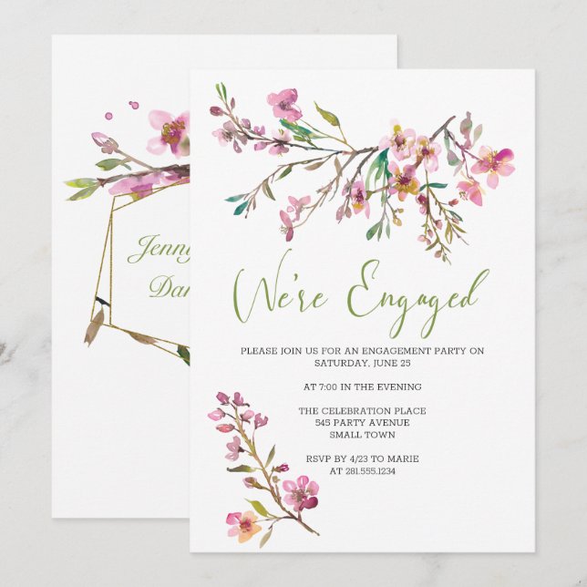 Pink Cherry Blossom Floral Engagement Party Invitation (Front/Back)