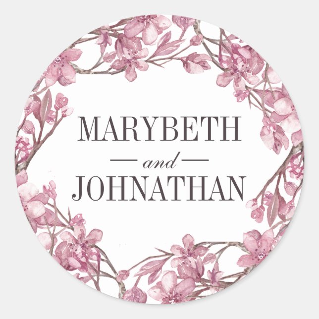 Pink Cherry Blossom Floral Frame Wedding Favor Classic Round Sticker (Front)