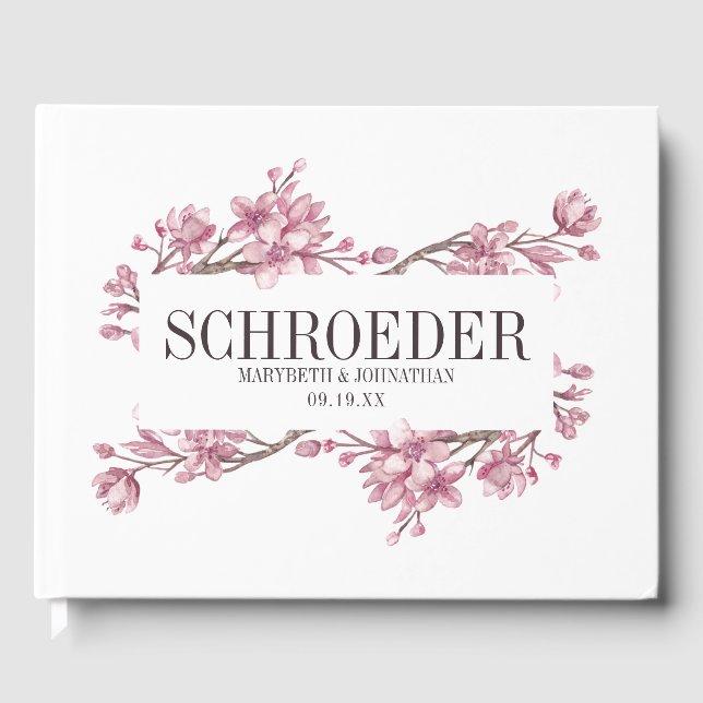 Pink Cherry Blossom Floral Frame Wedding Guest Book (Front)