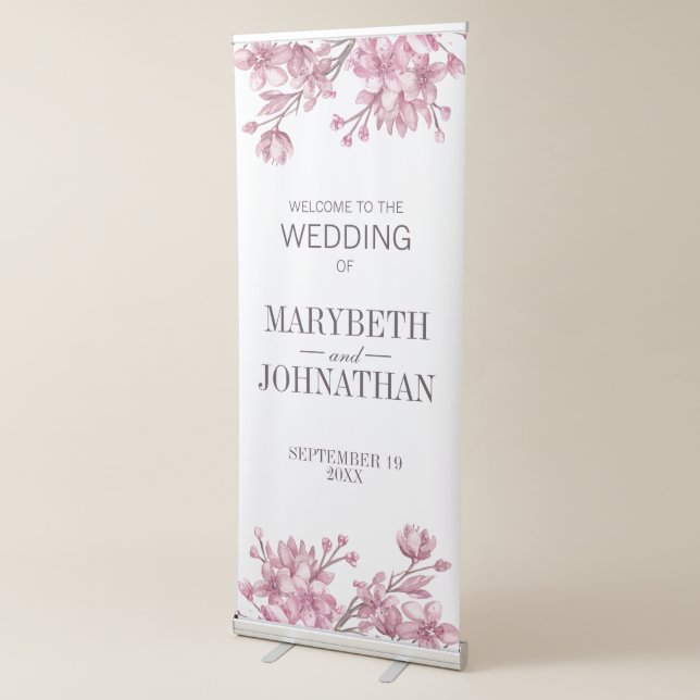 Pink Cherry Blossom Floral Frame Wedding Welcome Retractable Banner (3/4)
