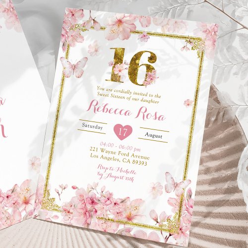 Pink Cherry Blossom Floral Girl Royal Sweet 16 Invitation