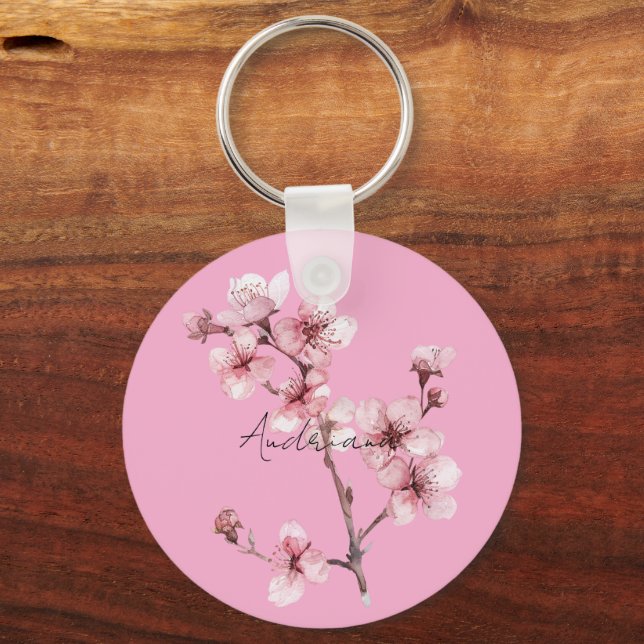 Pink Cherry Blossom Floral  Keychain (Front)