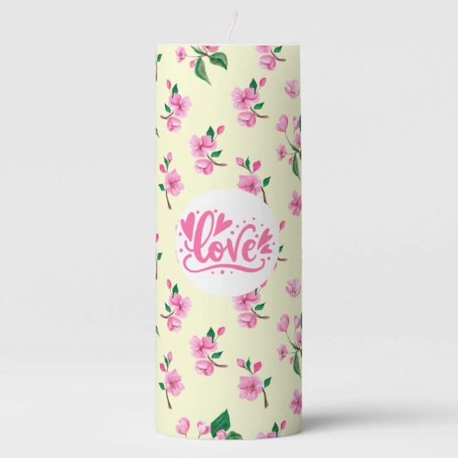 Pink Cherry Blossom Floral LOVE Pillar Candle (Front)