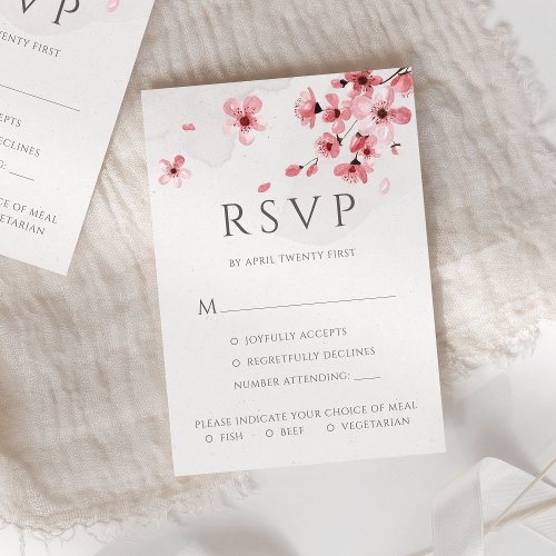 Pink Cherry Blossom Floral Meal Options Wedding RSVP Card