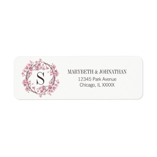 Pink Cherry Blossom Floral Monogram Wedding Label (Front)