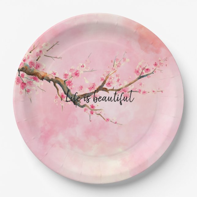 Pink Cherry Blossom Floral            Paper Plates (Front)