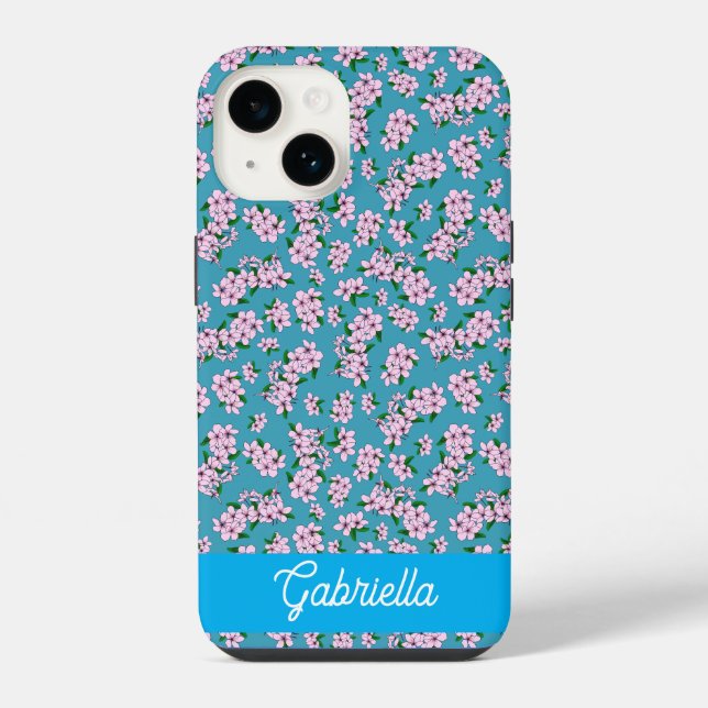 Pink cherry blossom Floral Pattern Name Iphone Case (Back)