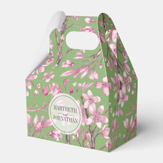 Pink Cherry Blossom Floral Printed Green Favor Box (Front Side)