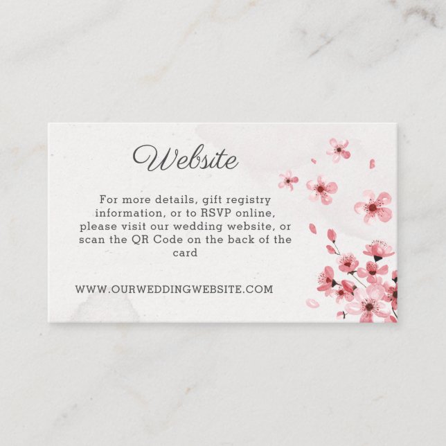 Pink cherry blossom floral QR code wedding website Enclosure Card (Front)