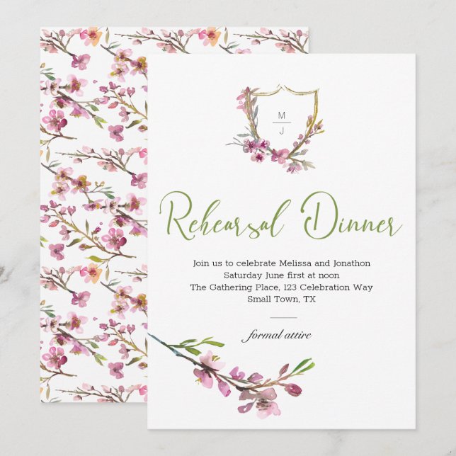 Pink Cherry Blossom Floral Rehearsal Dinner (Front/Back)
