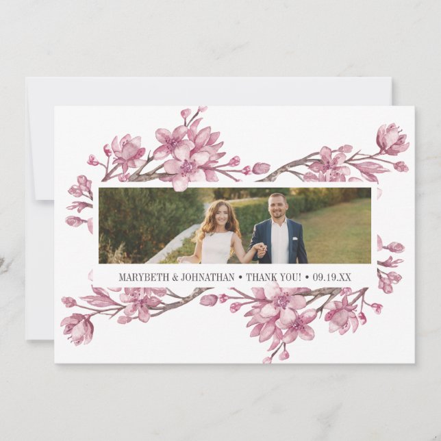 Pink Cherry Blossom Floral Thank You Photo Card (Front)