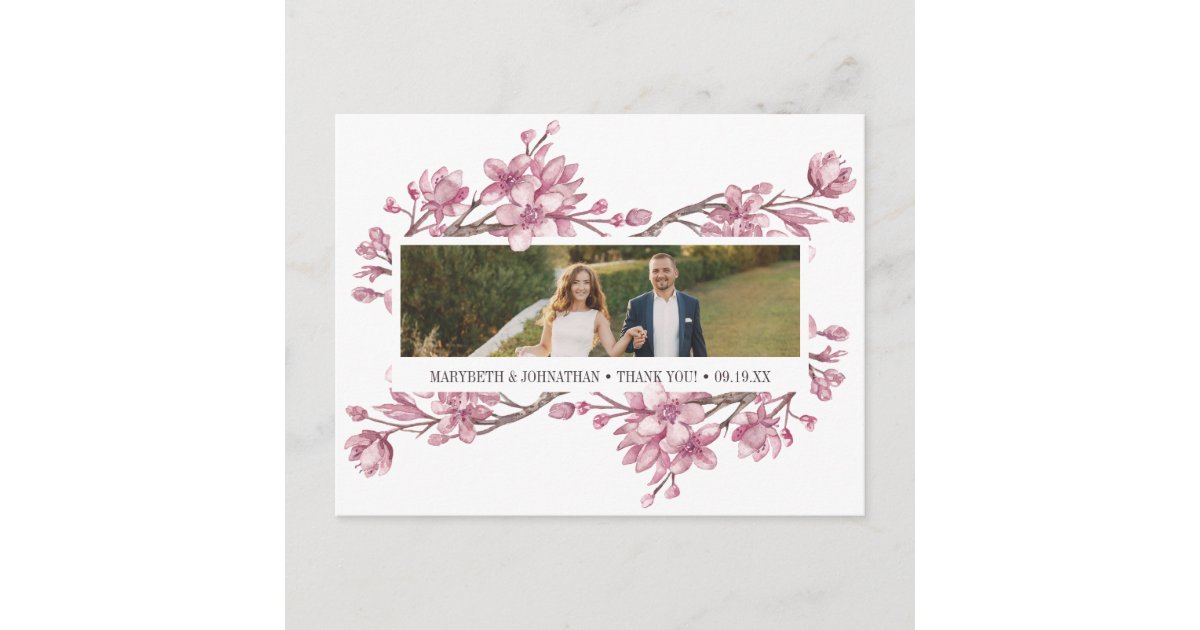 Pink Cherry Blossom Floral Thank You Photo Invitation Postcard | Zazzle